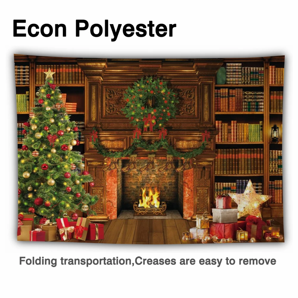 Allenjoy Christmas Fireplace Library Backdrop Bookshelf Merry Xmas Eve Pine Tree Background Holiday Party Supplies Decor Banner |
