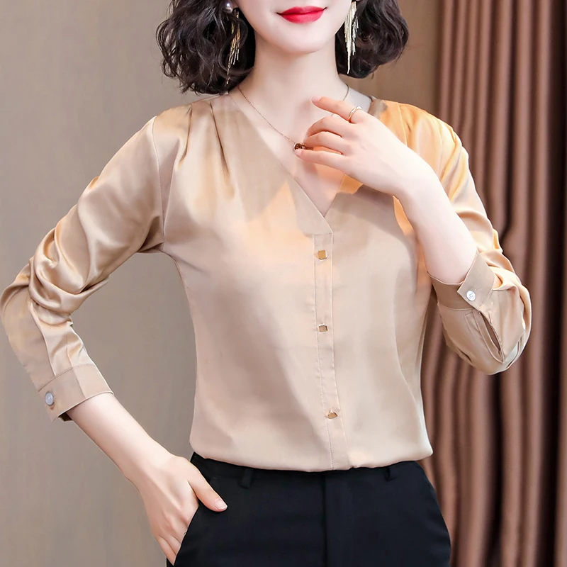 Корейская мода шелковые женские рубашки с длинным рукавом атласные блузки
