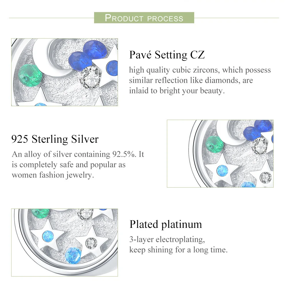 WOSTU Настоящее серебро 925 пробы бусы Шарм с Луной и звездой подходит DIY браслет