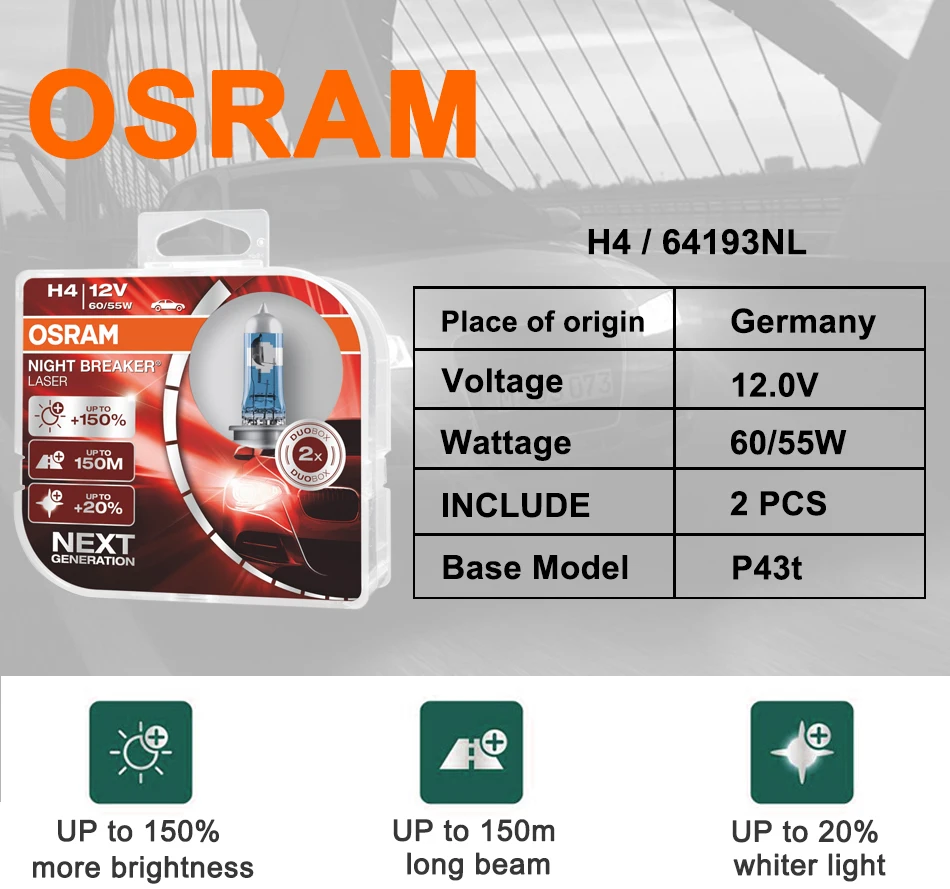Лампа Ксеноновая OSRAM ампулы voiture h4 64193NL Hi/короче спереди и длиннее сзади) 12В для ближнего и дальнего света 55W 4050K Night breaker лазерной следующего поколения галогенная лампа для автомобиля H4 фар 9003/HB2