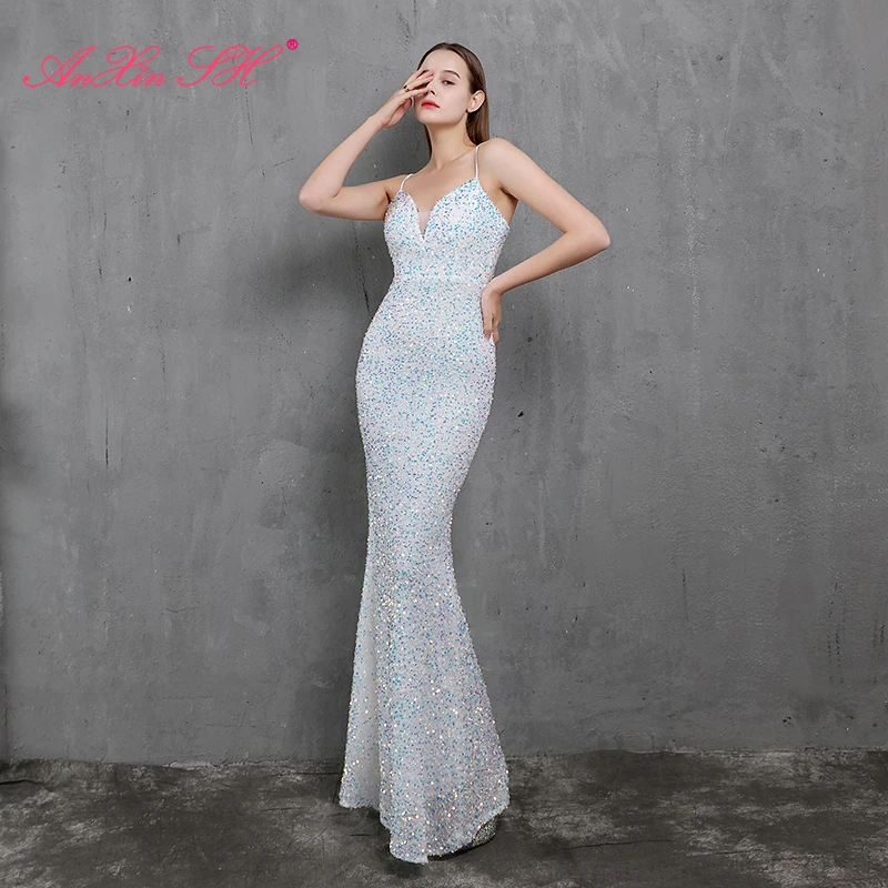 

AnXin SH vintage white mermaid evening dress sparkly spaghetti strap golden sleeveless zipper trumpet black evening dress 18523