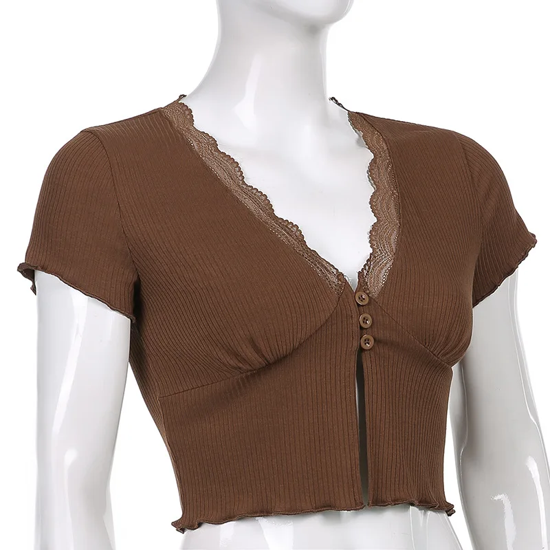 

Chic Knitted Women Cropped Top Solid V-Neck Lace Up Button Sexy Streetwear Tube Tee Tops 121322WTA