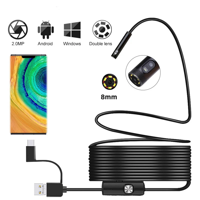 

2021 Newest Dual 8mm Lens Endoscope 2MP 1080P HD USB C Android Phone Endoscope Camera Waterproof Head With Led Light Borescope