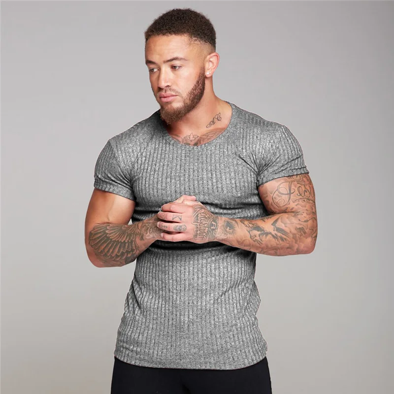 

6629Summer Men's T-Shirts Thin Section Men's Solid Color Muscle Men Slim Breathable Fitness Cotton Sports Short-sleeved T-shirt