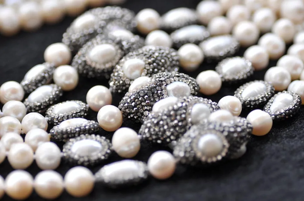 

P7477 18"- 100" White Round Freshwater Pearl Shuttle CZ Necklace Choker Women jewelry