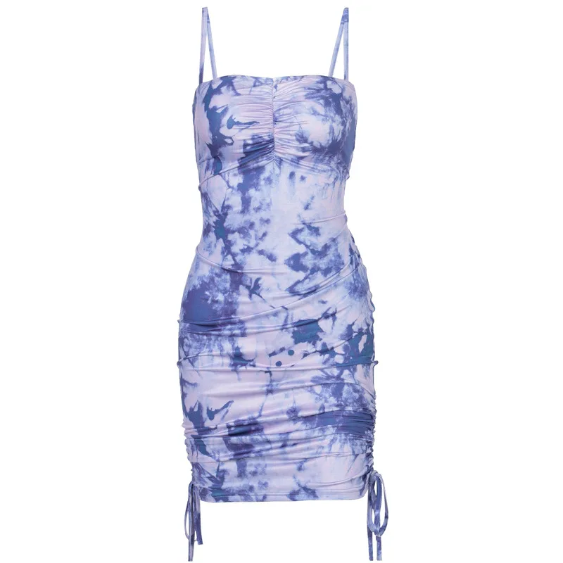 

Spaghetti Strap Tie Dye Drawstring Mini Dress Party Night Club Dress 2020 Summer Women Fashion Streetwear Lace Up Sundress