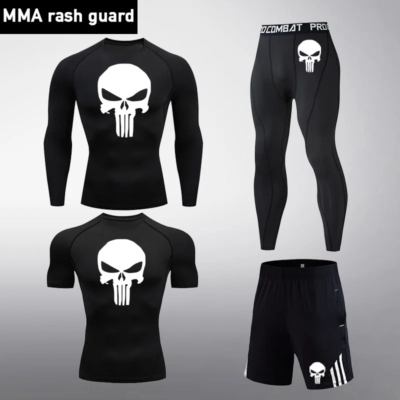 

Men Skull Compression set Clothes MMA rashgard male Gym T-shirt Sport Tights Fitness Pants Bodybuilding T-shirt Running Suit