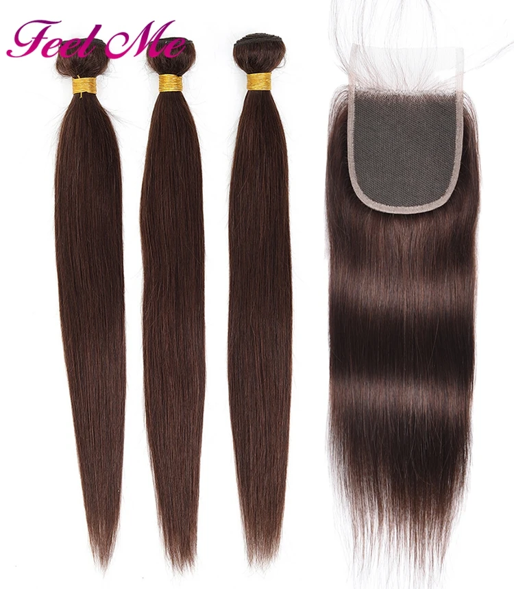 Прямые человеческие волосы в пучках с закрытием Бразильский коричневый 3 пучка