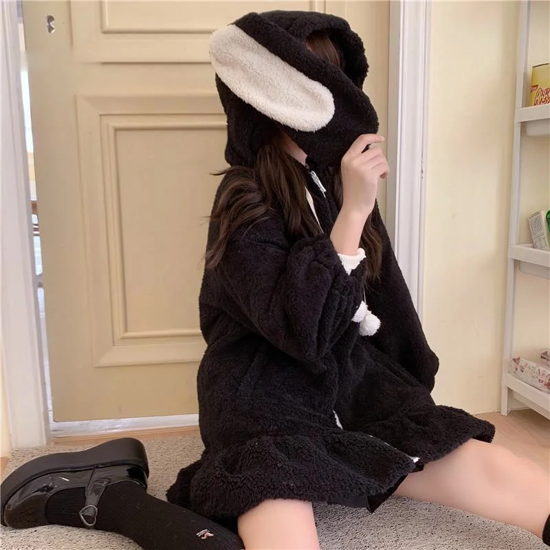 Lolita Teddy Rabbit Ears Hooded Soft Girl Ruffle Faux Wool Coat Zip Up Jacket Jacket Women Lambswool Plus Cotton Thick Outer New