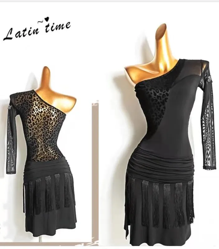 

black fringe latin dress leopard Latin practice dance cha cha samba dress size bachata dress one sleeve 681