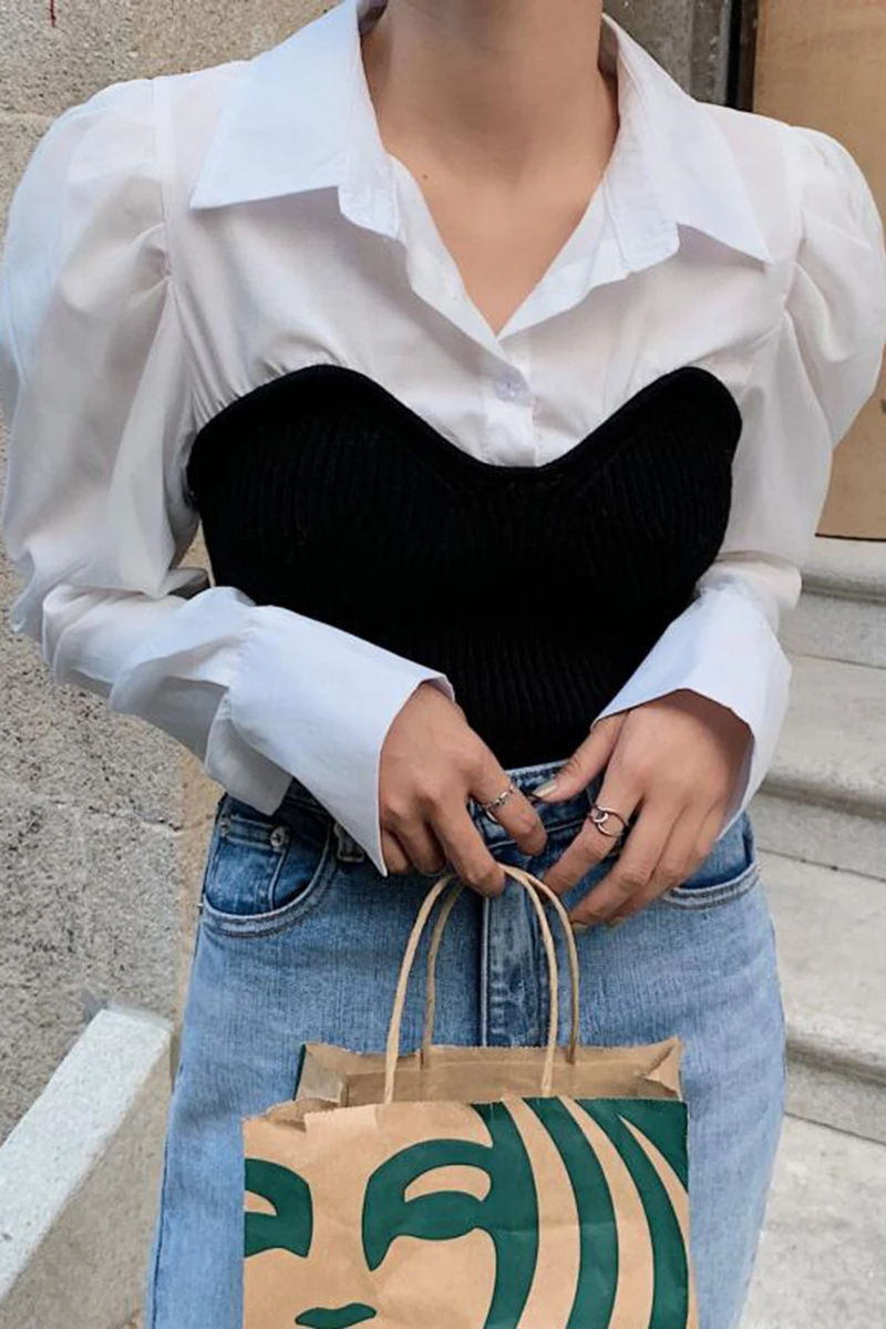 

Elegant Lapel Patchwork Knitted Fake Two Pieces Women Blouses 2021 Spring Chic Solid Slim Fit Puff Sleeve Women Shirts Blouses