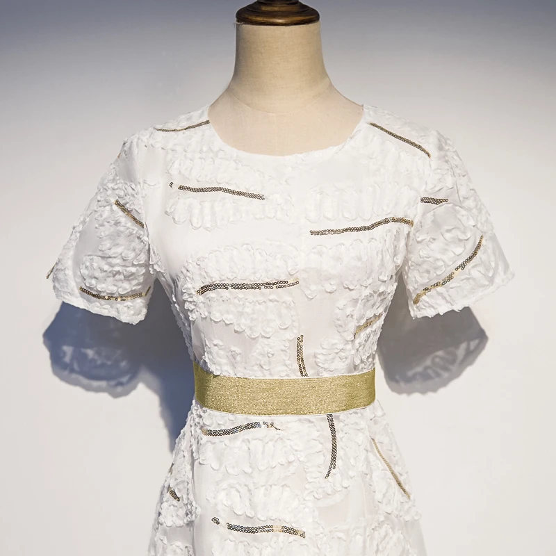 simple lace cocktail dress party sequins applique zipper back gold belt short sleeve o neck vestidos coctel new | Свадьбы и