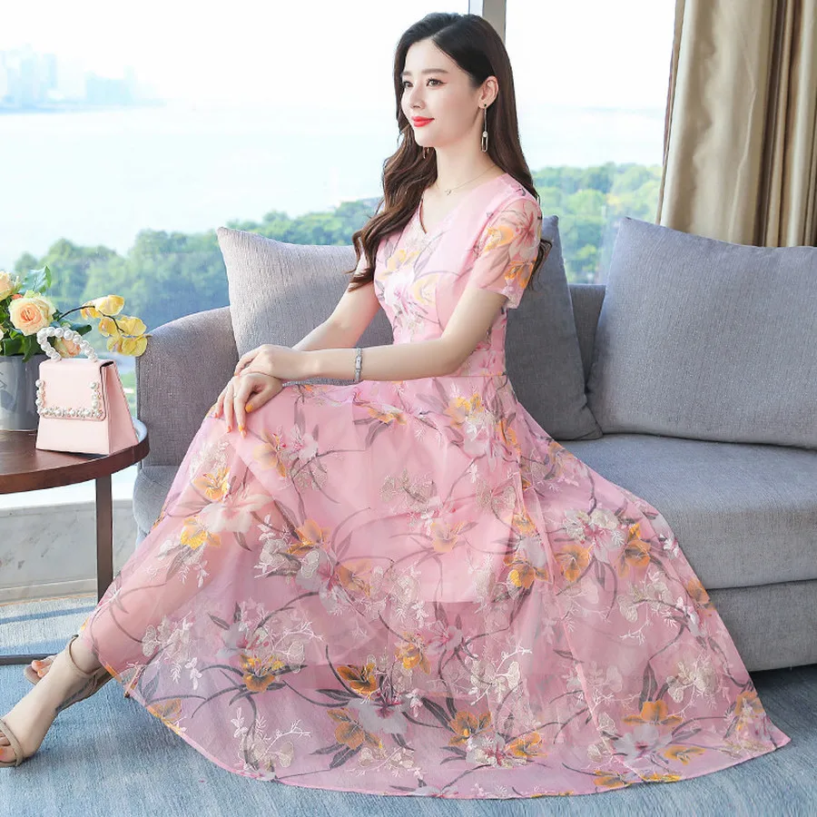 Винтажное розовое шифоновое платье миди в стиле бохо летнее размера плюс 3XL