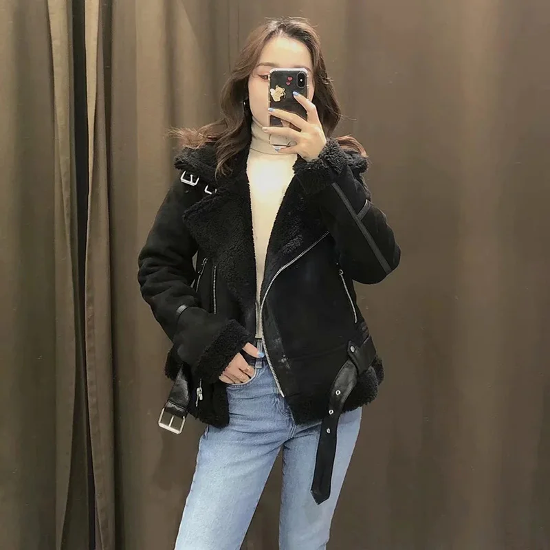 Woman Beige Black Faux Lamb Wool Cotton Short Coat 2022 Warm Casual Lapel Motorcycle Loose Jackets Belt Winter Clothes Chic