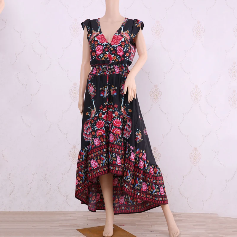 

Vintage Negro Festa Boho Chic Elegant Long Dress Robe Fall 2019 Women Clothes Retro V Neck Vestido Mujer Floral Roupa Feminina