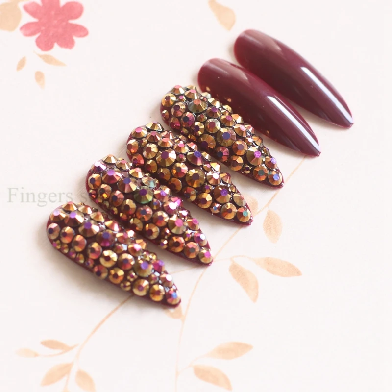 New Extra long pointed oval fake nails slim art salon nail crystal diamond nail Vampire color