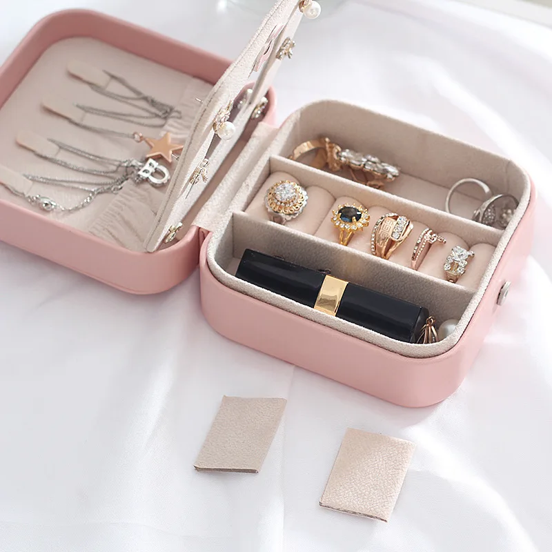 Portable Jewelry Makeup Belt Mirror Travel Storage Box Lipstick Bracelet Organizer Ring Earring Necklace Accessories Supplies