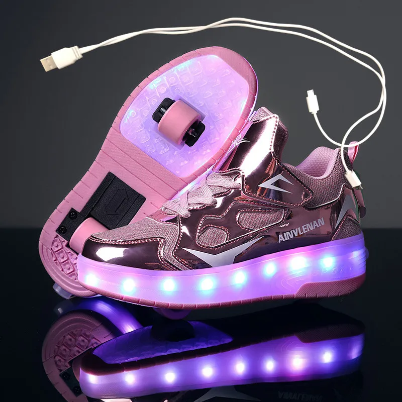 

Children Two Wheels Luminous Glowing Sneakers Black Pink Red Led Light Roller Skate Shoes Kids Led Shoes Boys Girls USB Charging