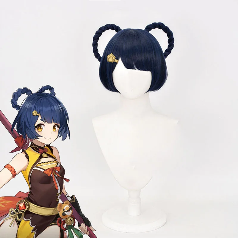 

Anime Game Cosplay Accessories Small N Xiangling Cos Wig Dark Blue Braid Shape Short Hair Fake Hair
