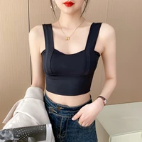wireless padded short shirt square neck sleeveless solid crop women spaghetti strap top casual off shoulder tops