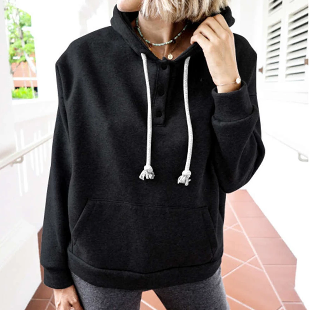 

Autumn Winter Drawstring Hoodies Women Solid Sweatshirt Long Sleeve Pullovers Women Clothing Button Casual Sweatshirt Hoodies