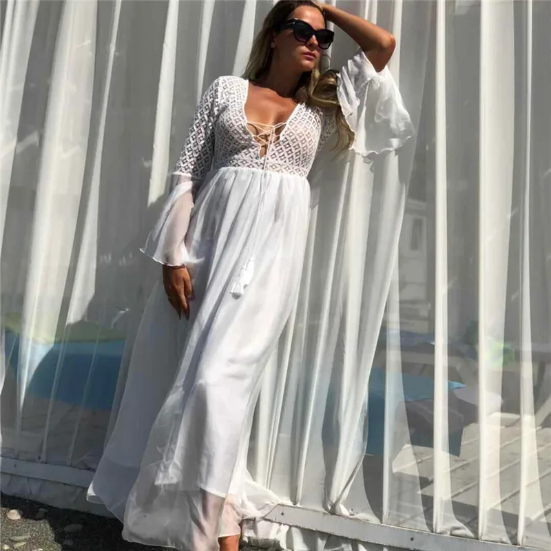 

Long Lace Beach Cover up Robe de Plage Swimsuit Cover up Saida de Praia longa Women Bathing suit cover up Tunics for Beach #Q589