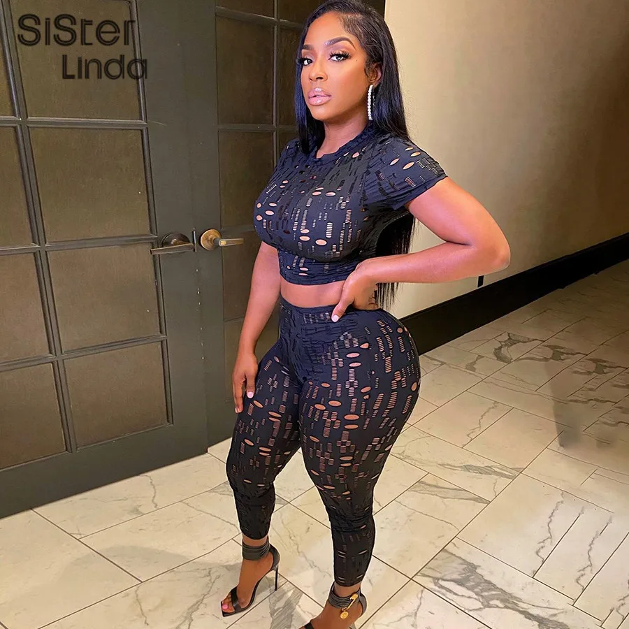 

Sisterlinda Sexy Hole Women 2Piece Set Short Sleeve Skinny Fitness Stretch Tops+Leggings Simple Tracksuit Party Clubwear Outfits