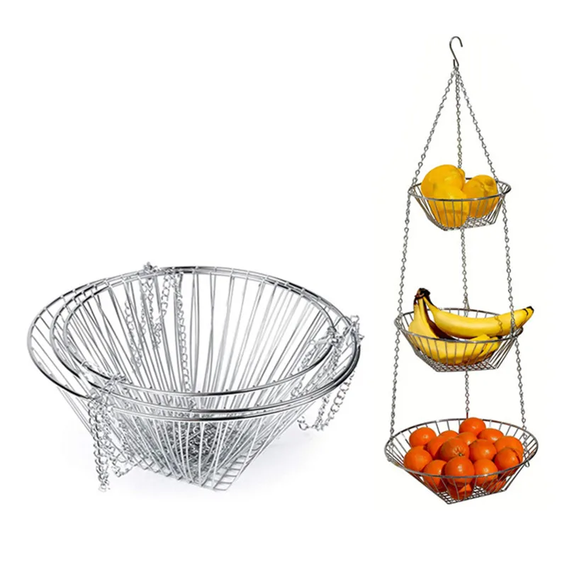 

Home Kitchen Metal Vegetable Storage Organizer Three Layers Metal Fruit Hanging Baskets Foldable Storage Hanger Rack