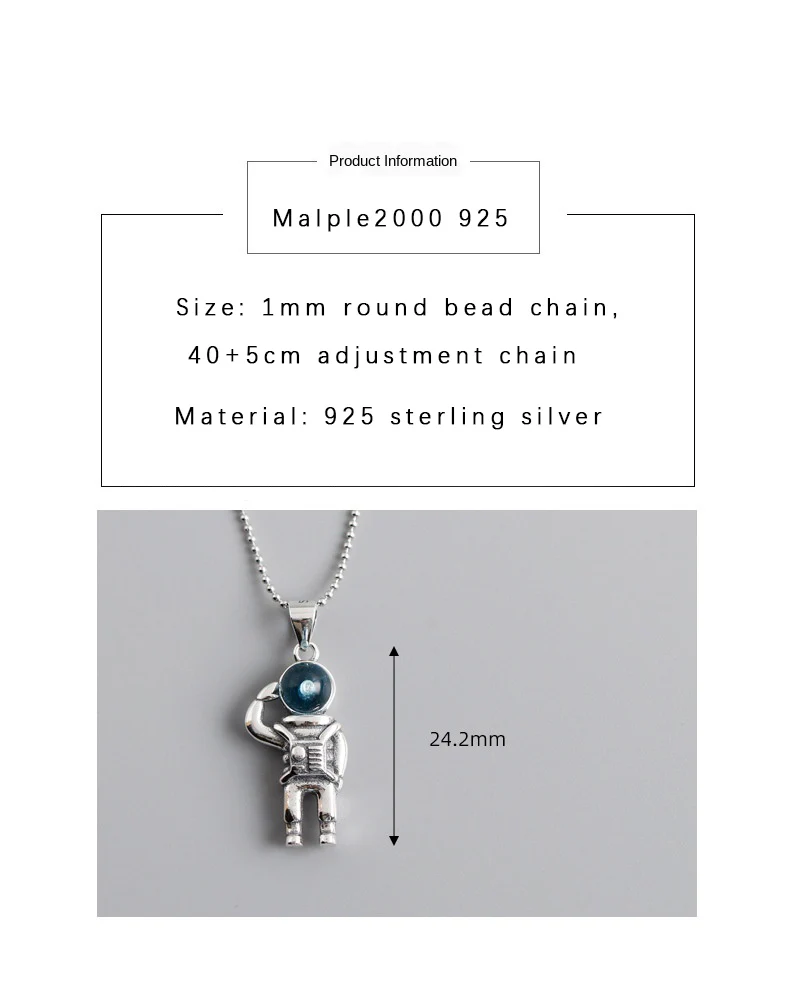 

Man necklace silver retro space astronaut pendant necklace women's Bead chain necklace real pure 925 sterling silver for women