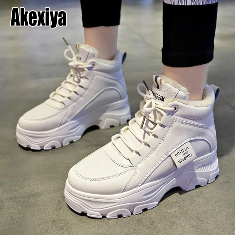 Warm Short Fur Sneakers Women 2021 Autumn Winter Fashion Shoes Woman Lace Up leather white p491 | Обувь