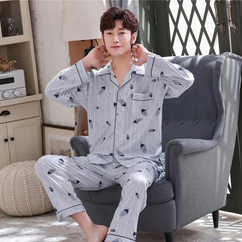 

Мужской пижамный комплект на все сезоны, хлопковые брюки с длинным рукавом, кардиган, спортивный костюм большого размера, удобный дышащий П...