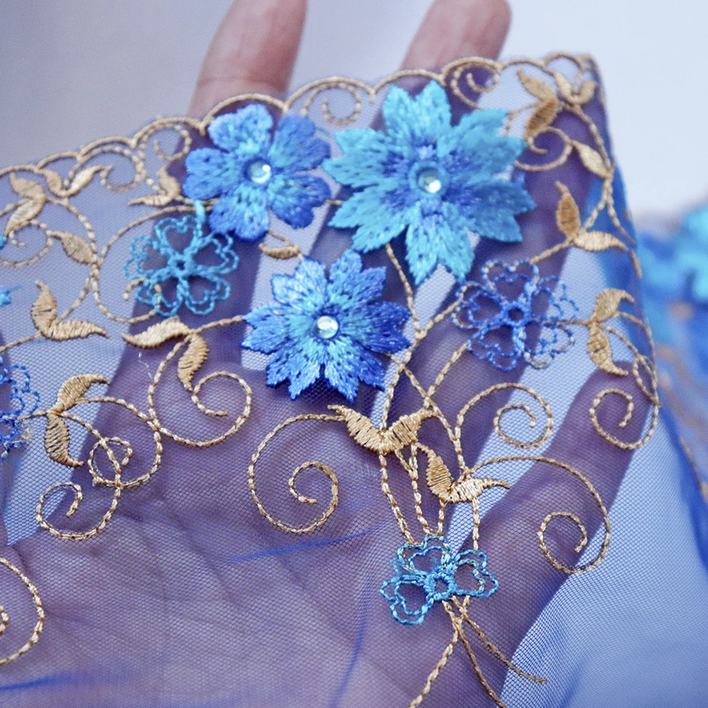 1meter 22cm Wide Blue Mesh flowers with Rhinestone embroidered lace trim Lingerie bra Dress Sleeve decoration DIY Lace Fabrics | Дом и сад