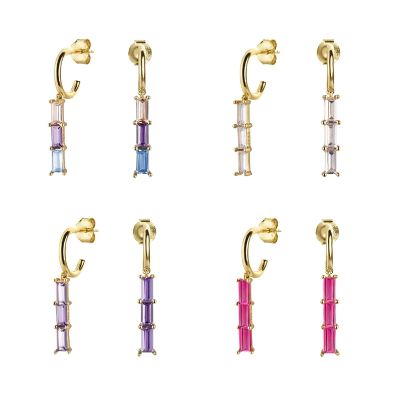 

925 Sterling Silver C Shape Pendant Stud Earrings For Woman Ladies Engagement Party Colored Crystal Korean Earring Jewelry