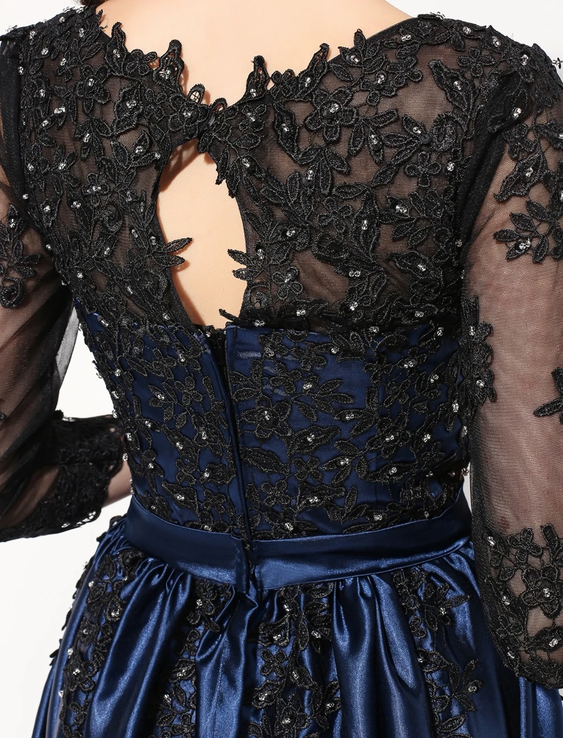 

Clearance Long Party Dress Blue with Black Lace Embroidery 3/4 Sleeved Banquet Mother of The Bride Dresses Robe De Soiree