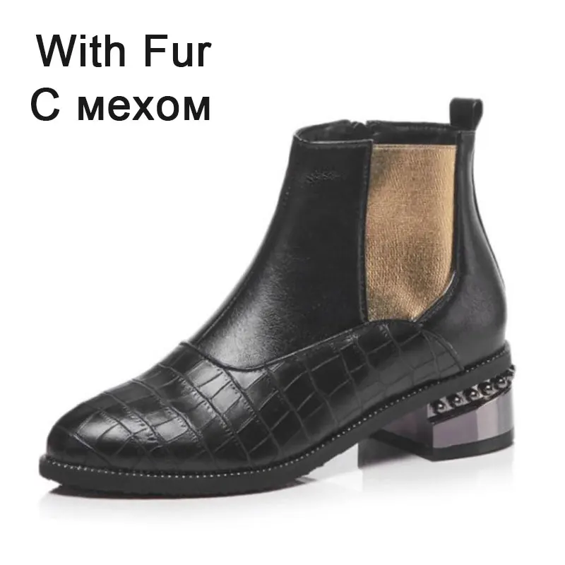 black with fur RIZABINA, размеры 32-48, женские ботинки теплые зимние ботильоны «Челси» на меху женская обувь короткие ботинки с разноцветными бусинами женская обувь - Цвет: black with fur