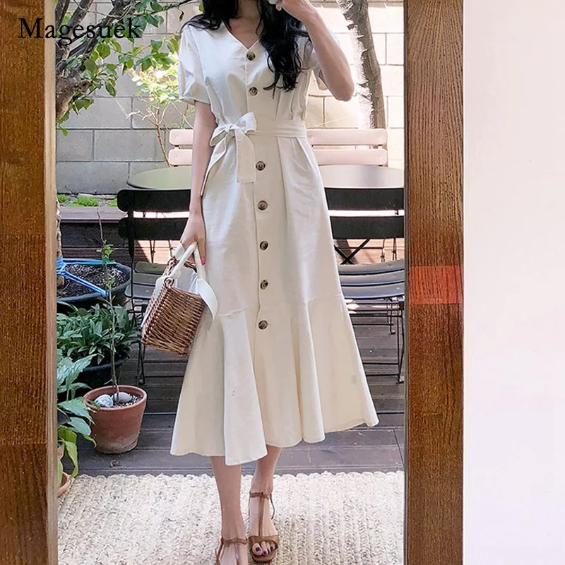 

Женское винтажное платье с высокой талией, простое однобортное длинное платье с V-образным вырезом и коротким рукавом, со шнуровкой и юбкой ...