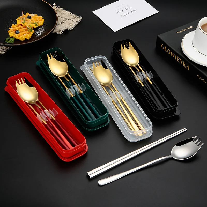 

304 Stainless Steel Portable tableware creative titanium plating two-piece set of chopsticks salad fork spoon integrated