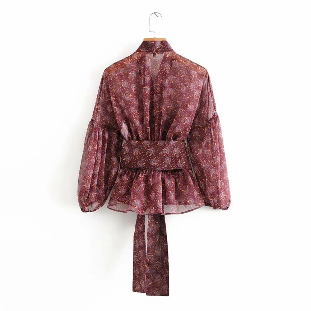 

Vintage printed blouse women shirt lantern sleeve female top shirt Elegant v neck lace up ladies blusas shirt feminina