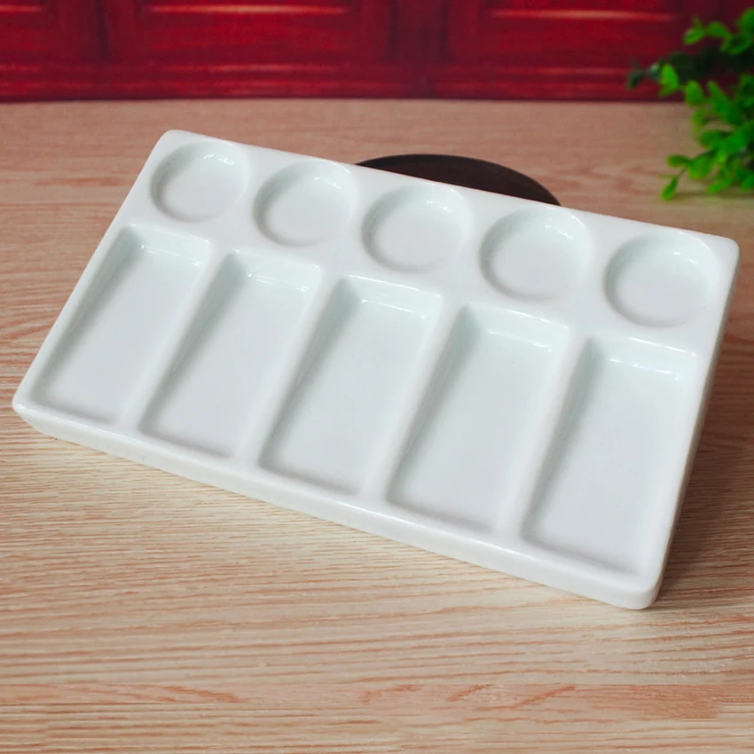 

White Ceramic Rectangular Artist Paint Palette for Watercolor Gouache Acrylic Oil Painting Calligraphy, 10 Wells, 19.3*11*1.8cm