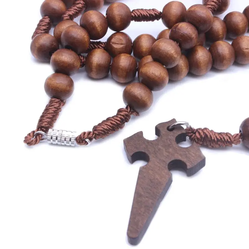 

Jesus Wooden Prayer Beads 6mm Rosary Cross Necklace Pendant Woven Rope Chain Jewelry Accessories Church Supplies