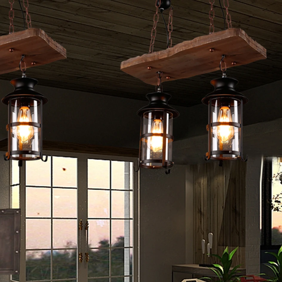 Винтажная люстра EKOO E27 в стиле индастриал деревянная железная лампа s 2