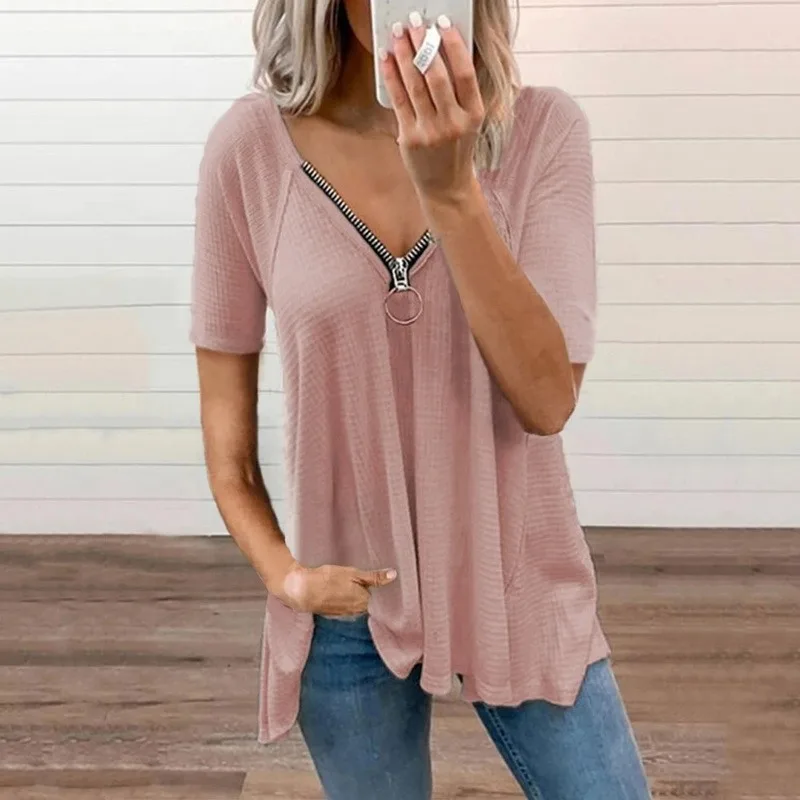 

NIBESSER Fashion Ladies Casual T-shirt V-neck Zipper Up Tops Loose Women Clothing 2021 Summer Tees Shirt Femme Plus Size 5XL