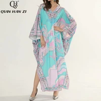 qian han zi 2020 designer fashion runway maxi dress womens bat sleeves v neck graphic print loose vintage long dress