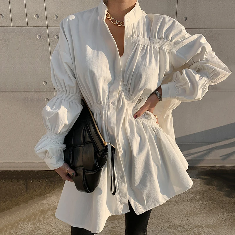 

VANOVICH Europe New 2022 Autumn Women Shirts Stand-up Collar Wild Cotton Fashion Ladies Shirts Irregular Casual Puff Sleeve Tops
