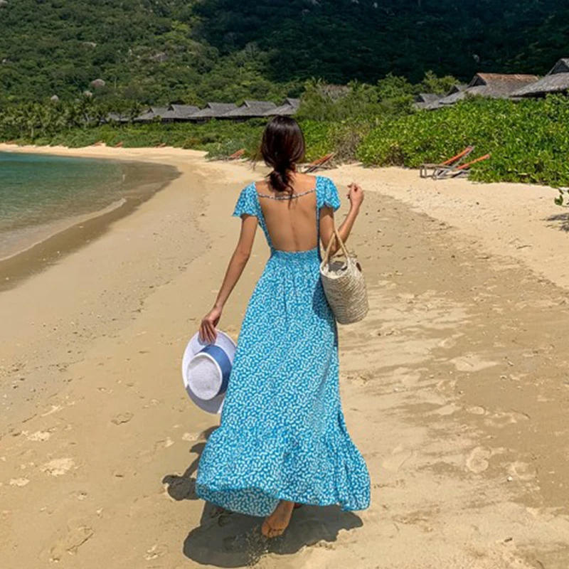 

TVVOVVIN Summer Backless Short Sleeve Print Lace-up Dress Beach Style High Waist Pleated Single Breasted Long Dress WQ5W