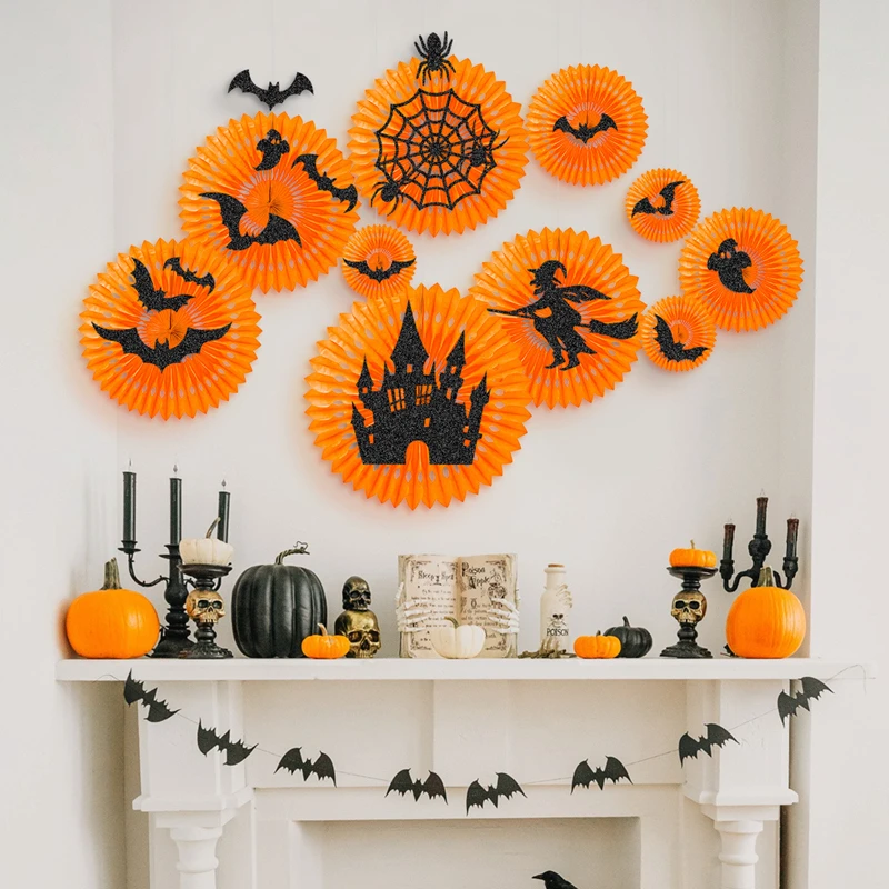 

Zerolife 28Pcs /set Halloween DIY Paper Fans Party Wall Decorations Hanging Castle Witch Demon Hanging Ghost Festival Pendant