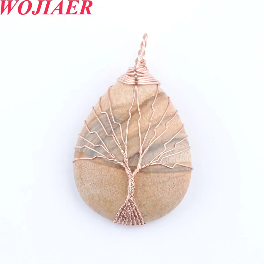 

WOJIAER 6pc Handmade Wrap Wire Tree of Life Pendant Water Drop Shape Natural Stone Owyhee Picture Jasper PO9013