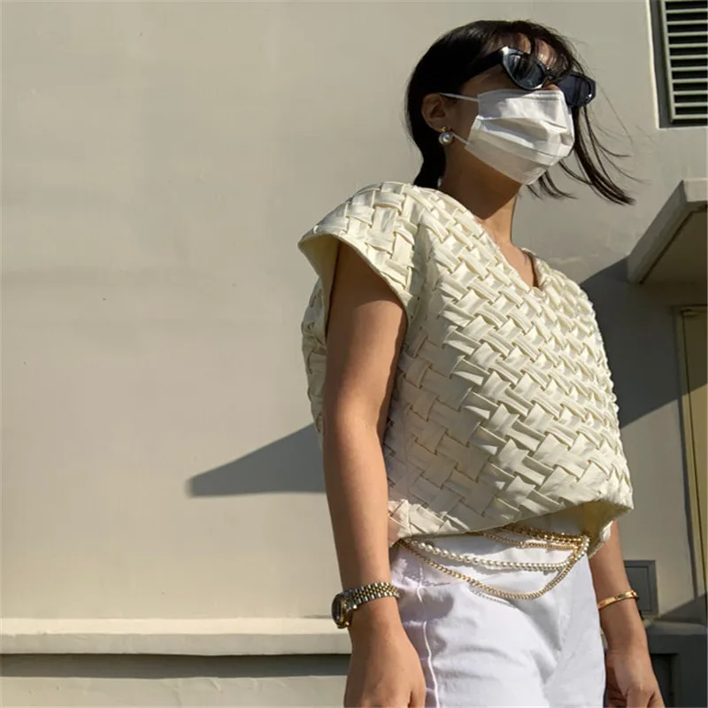 

Ручного вязания дизайнерская тканая Футболка с рукавами-фонариками