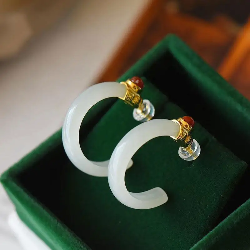 

Hengqiao Original Natural Hetian Jade Earrings 925 Sterling Silver Inlaid That Red Earrings Ethnic Style Female