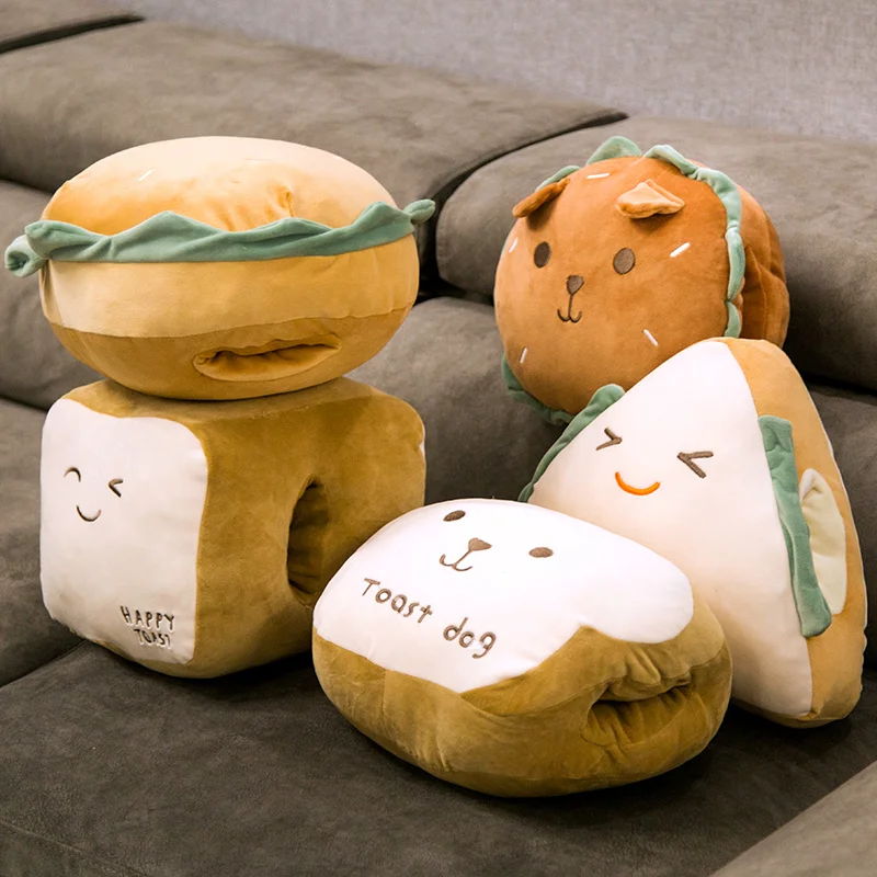

Funny Hamburger Sandwiches Toast Bread Food Family Plush Toy Pillow Stuffed Cute Face Fast Food Hand Warmer Sofa Decor Cushion